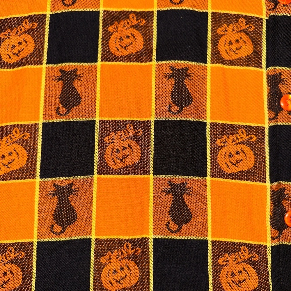 Collections Etc. Orange and Black Halloween Button Down Black Cat Pumpkin Plaid - Picture 3 of 7